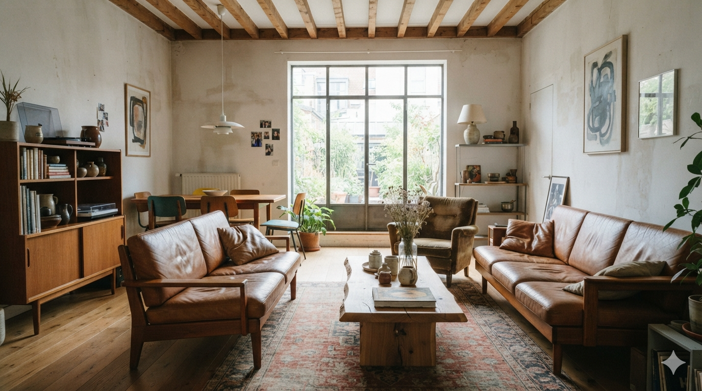 Ten obraz przedstawia ciepłe, eklektyczne wnętrze urządzone w stylu vintage-modern, pełne charakteru i naturalnego światła