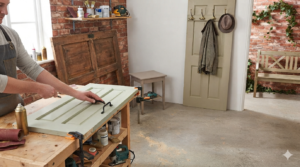 Obraz przedstawia realistyczne wnętrze warsztatu stolarskiego lub pracowni typu "zrób to sam" (DIY)